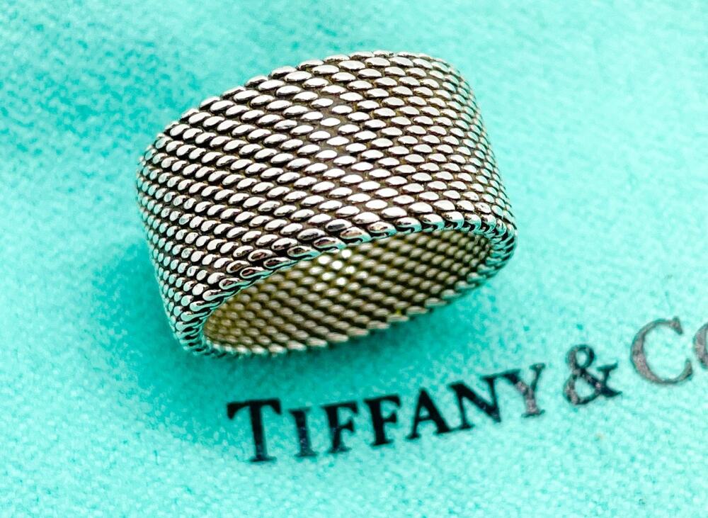 Tiffany & Co Silver Somerset Weave Mesh Firm Solid Ring Size 4.25